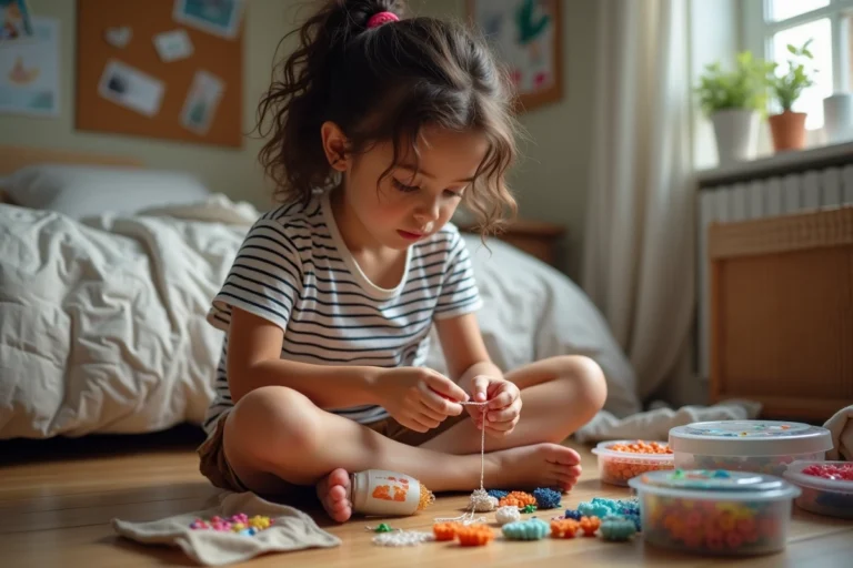 Adolescente créative assemblant un bracelet DIY avec des perles colorées et des kits sur le plancher de sa chambre