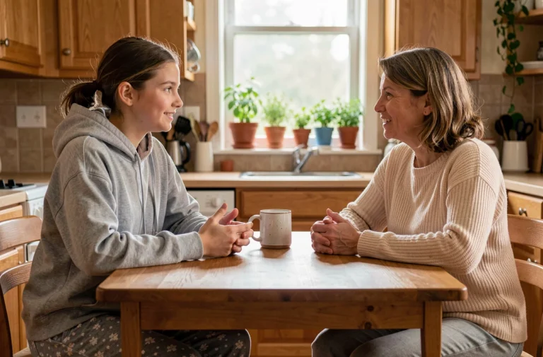 Adolescente discutant avec sa mère autour de la table de cuisine pour negocier une absence scolaire