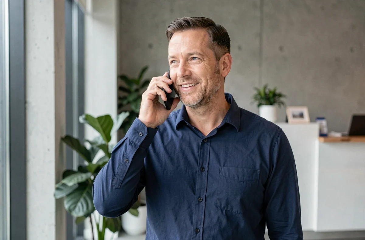 Homme parlant au téléphone pour prendre contact avec un centre de développement personnel