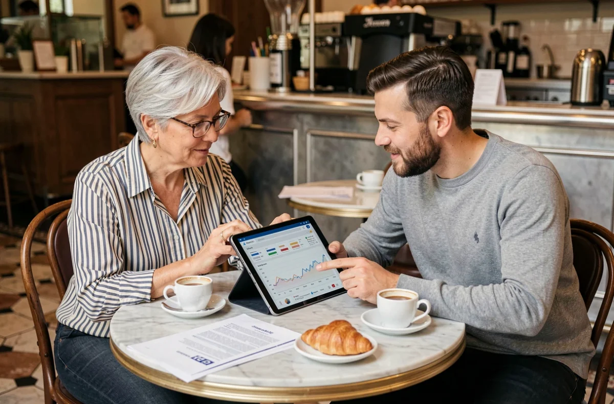 Deux professionnels se formant ensemble aux outils digitaux autour d'une tablette dans un café parisien
