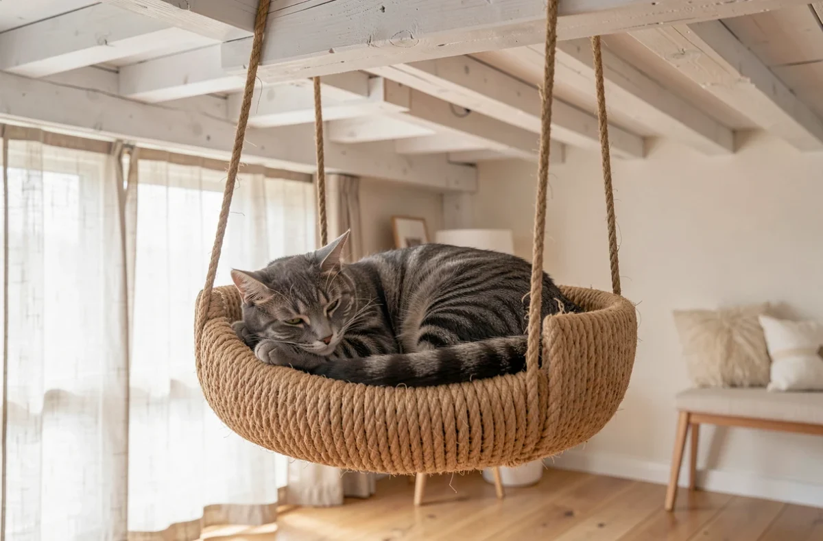 Assise suspendue pour chat fabriquée avec un pneu entouré de corde sisal, suspendu horizontalement au plafond par des cordes, avec un chat tigré gris confortablement installé.