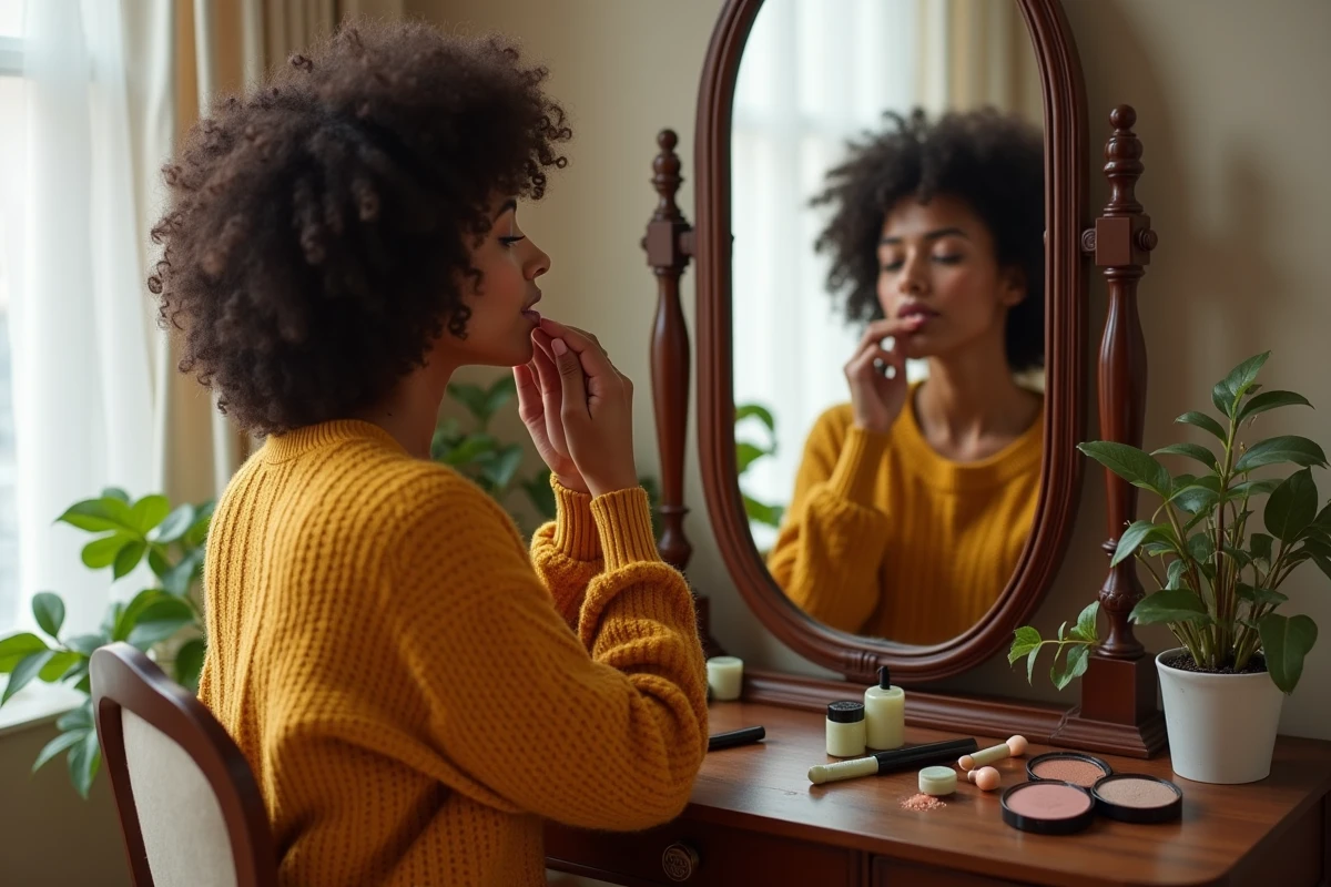 Femme aux cheveux bouclés appliquant un baume à lèvres devant un miroir vintage, astuces maquillage naturel 2024