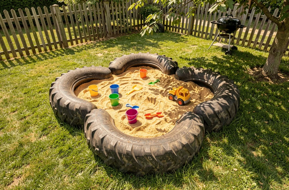 Bac à sable pour enfants délimité par quatre grands pneus de tracteur disposés en carré sur l'herbe, rempli de sable doré et de jouets colorés dans un jardin familial.