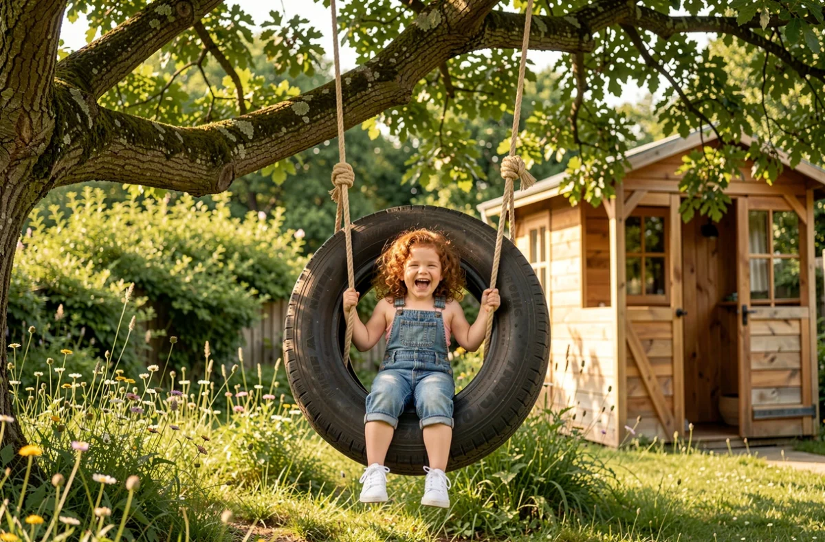 Balançoire de jardin pour enfants fabriquée avec un pneu suspendu à une branche de chêne par des cordes, avec une petite fille souriante assise dedans dans un jardin verdoyant.