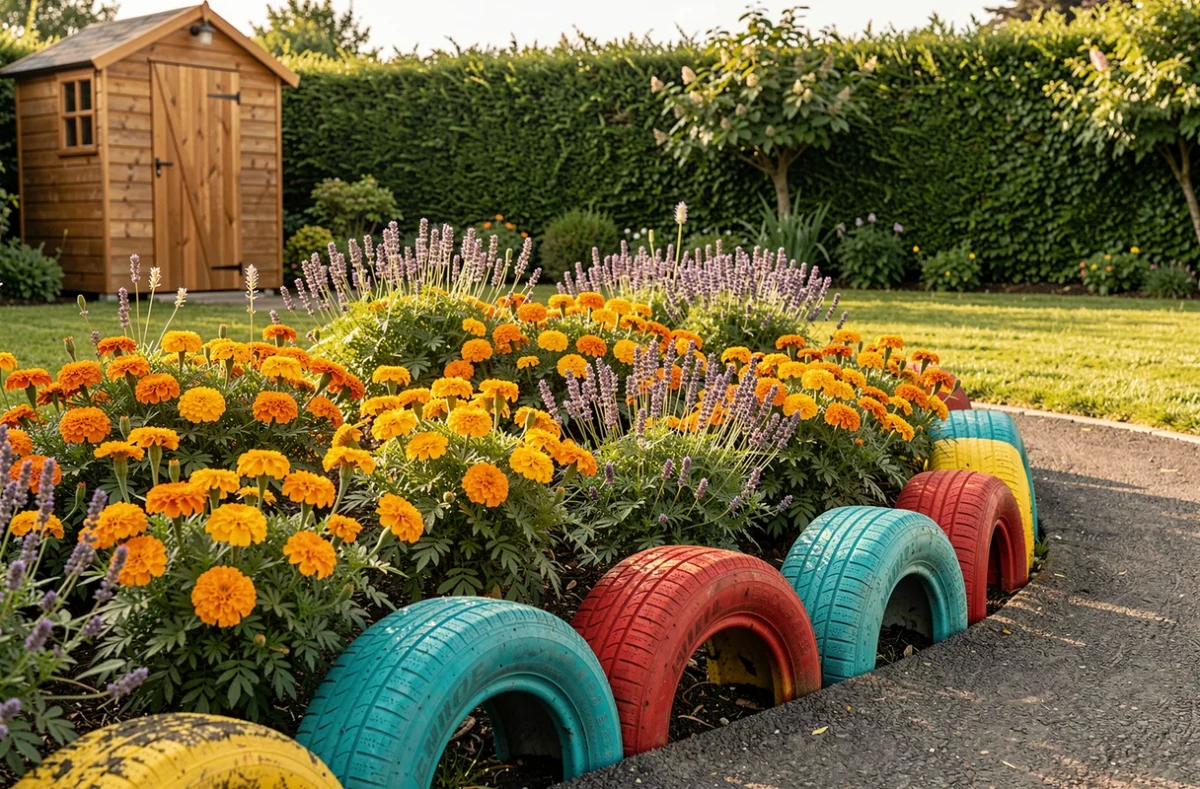 Bordure de massif fleuri réalisée avec des pneus colorés à moitié enterrés le long d'une allée courbe, encadrant des soucis et de la lavande en pleine floraison.