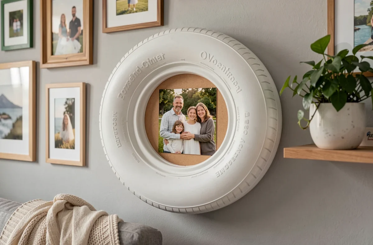 Cadre photo mural original fabriqué à partir d'un flanc de pneu découpé et peint en blanc mat, contenant une photo de famille, accroché sur un mur gris clair dans un salon.