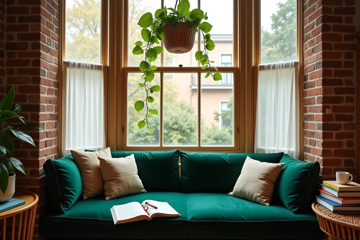 Coin lecture cosy dans une alcôve de fenêtre avec banquette en velours vert, livres d'art et plante suspendue dans un intérieur rénové