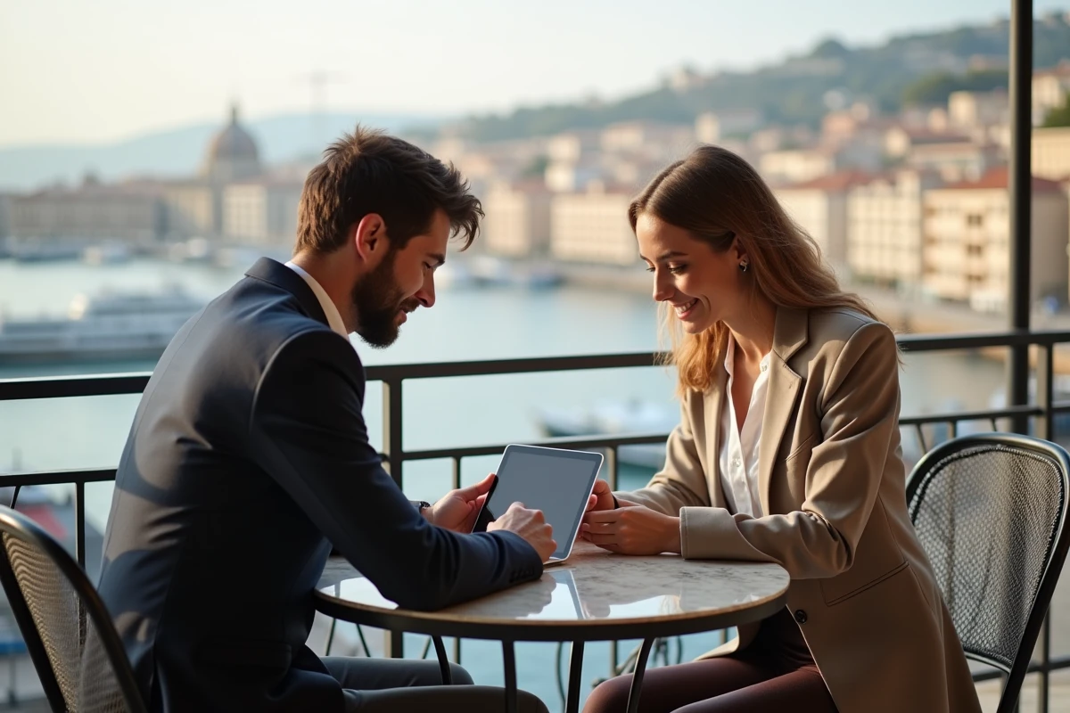 Deux collègues collaborant sur une application de messagerie professionnelle en terrasse face au Vieux-Port de Marseille