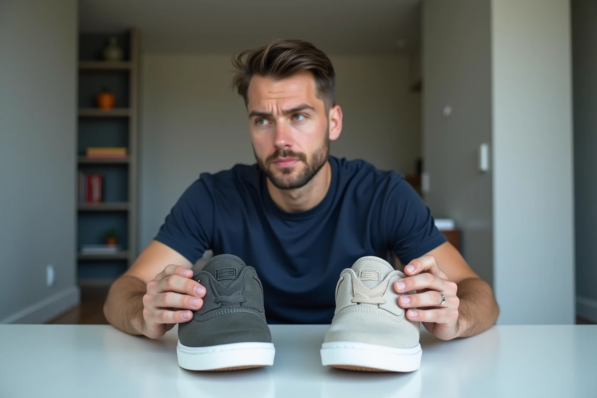 Homme comparant deux paires de sneakers côte à côte pour identifier une contrefaçon achetée en ligne sur Zalando