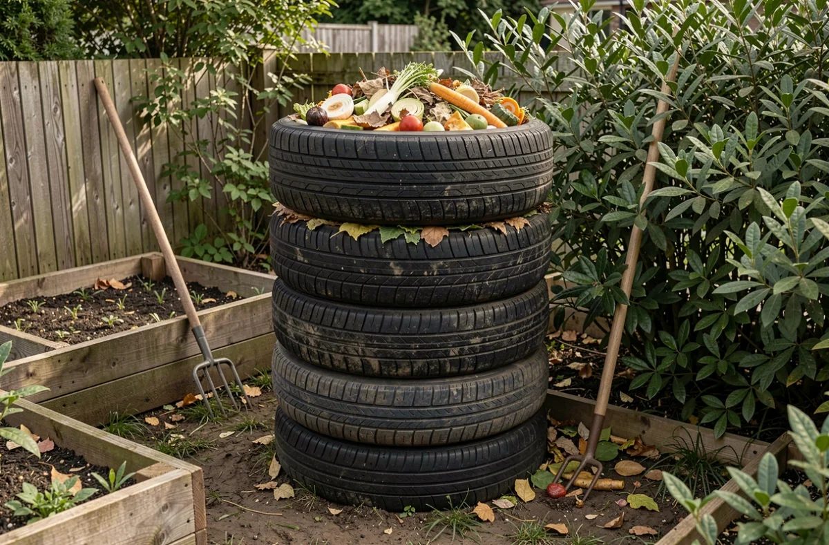 Composteur de jardin pratique fabriqué en empilant cinq grands pneus noirs non modifiés, rempli de déchets organiques et de feuilles dans un coin ombragé du potager.