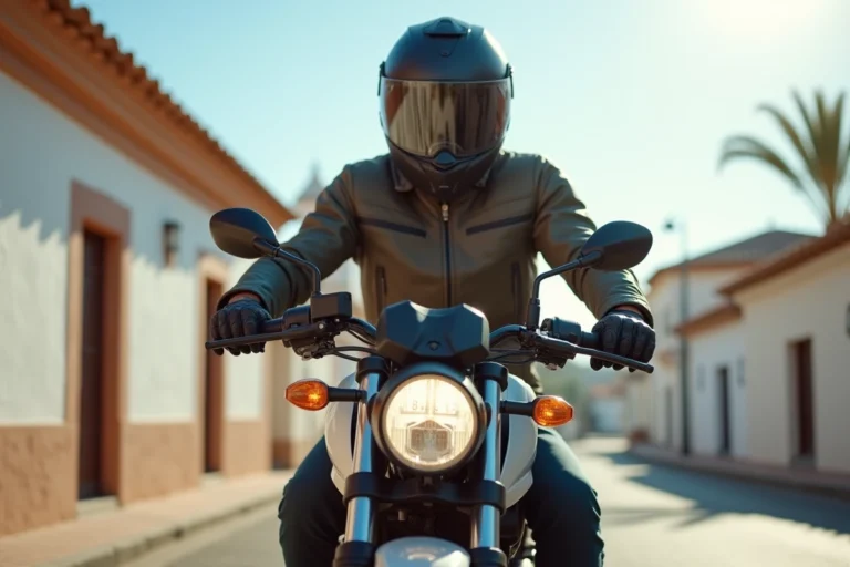 Jeune homme en équipement de moto sur une 125cc dans une rue espagnole ensoleillée