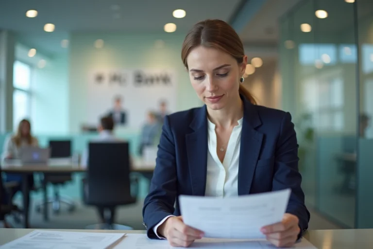 Conseillère bancaire en agence examinant des documents financiers liés au code banque 30003 du Crédit Agricole