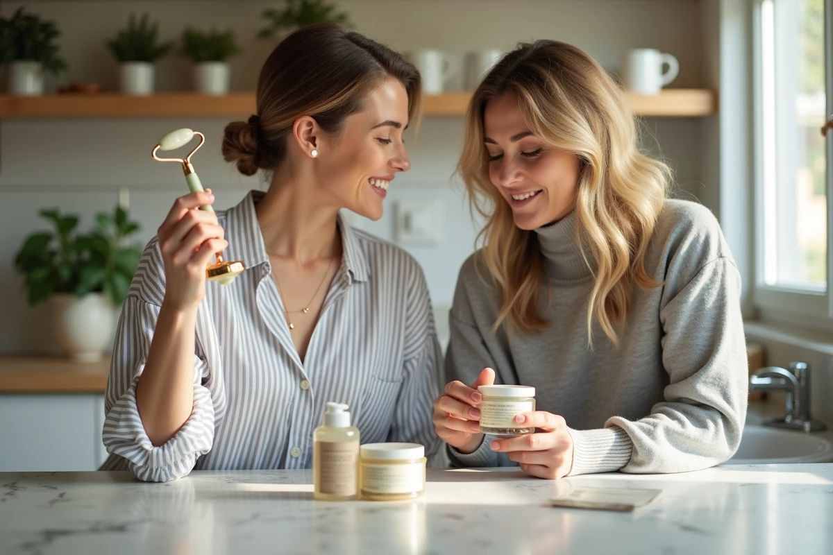 Deux femmes échangeant des conseils beauté autour de produits de soin naturels dans une cuisine moderne, tendances beauté 2024