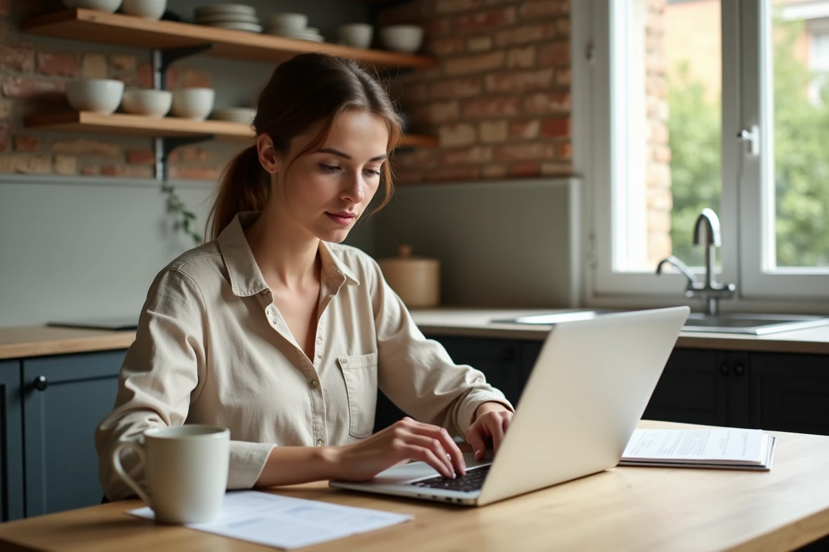 Femme consultant ses informations bancaires en ligne depuis son domicile pour identifier le code banque 30003