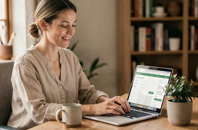 Femme souriante en train de contacter un centre de bien-être en ligne depuis son bureau à domicile
