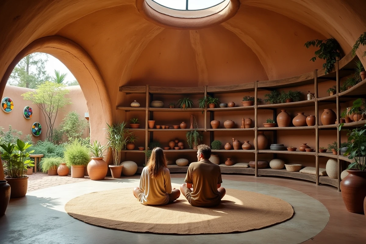 Couple assis à l'intérieur d'une maison earthship avec murs en terre et bouteilles de verre colorées, mode de vie alternatif écologique