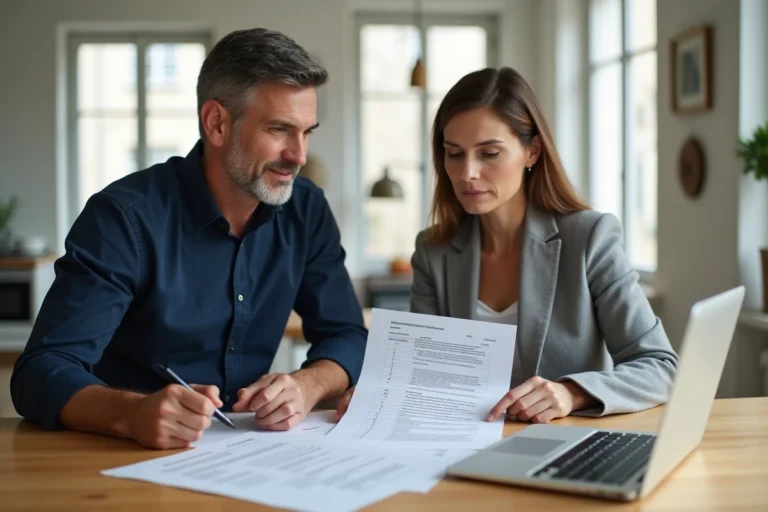 Couple de propriétaires investisseurs examinant des documents de prorogation du dispositif Scellier intermédiaire à domicile