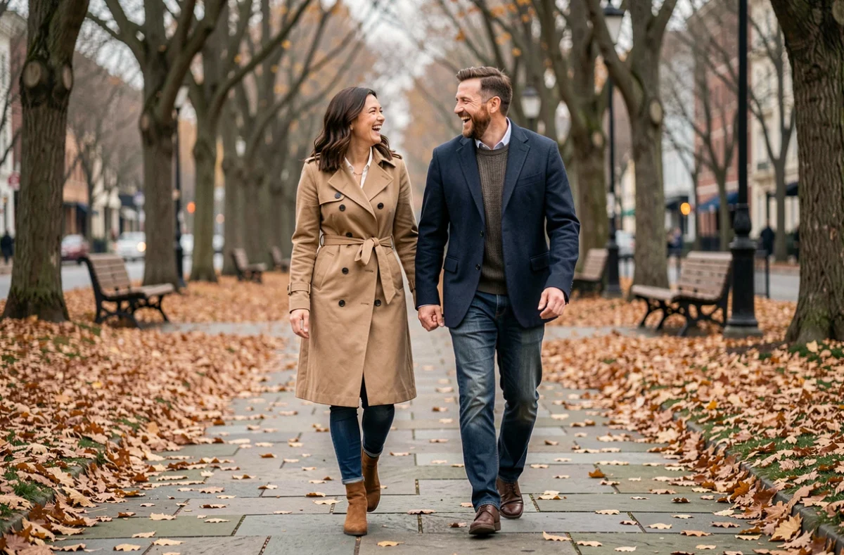 Couple se promenant dans un parc en automne, illustrant la vie de couple et les moments complices en privé