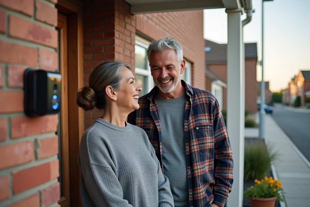 Couple examinant une sonnette connectée intelligente à l'extérieur de leur maison