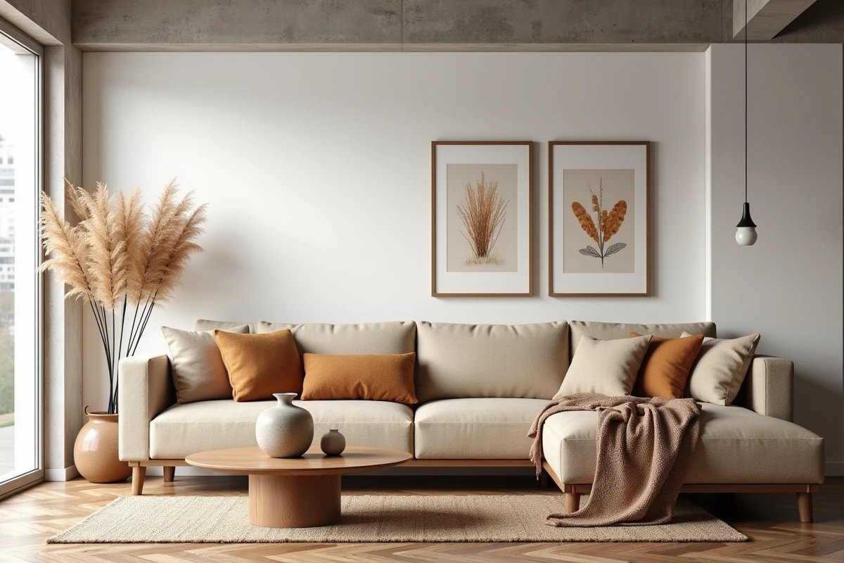 Salon scandinave tendance avec canapé en lin, table basse en chêne et mur de cadres botaniques dans un appartement moderne