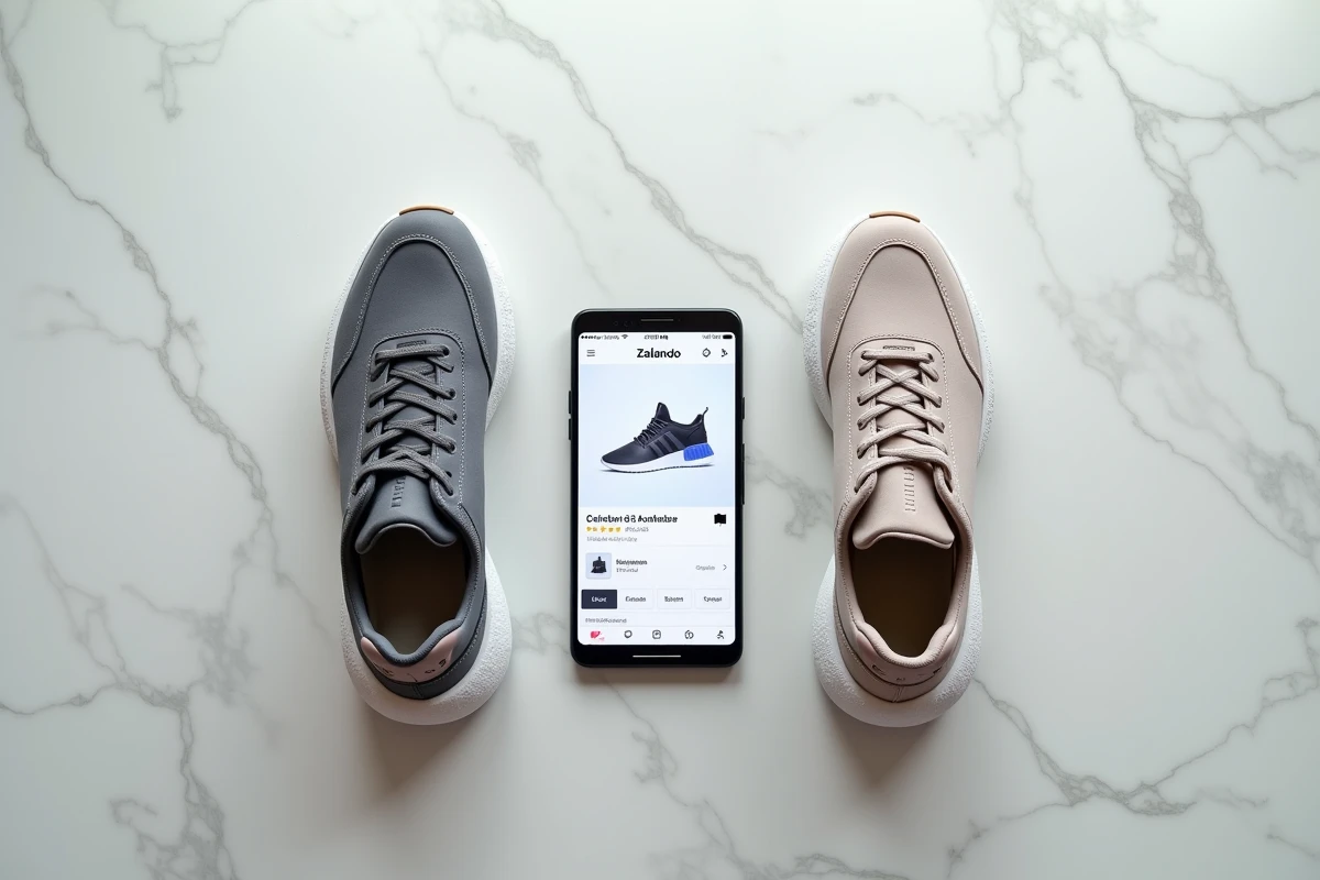 Vue aérienne de deux chaussures comparées avec un smartphone affichant Zalando et une loupe pour détecter une contrefaçon