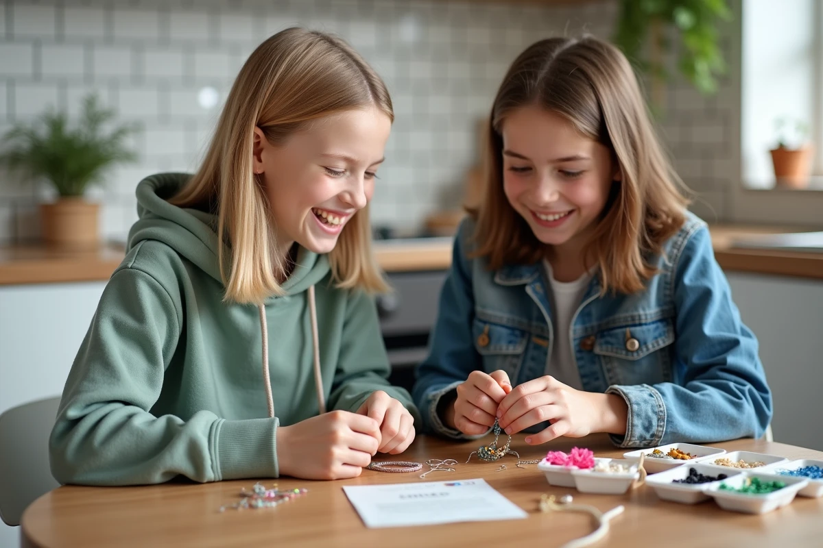 Deux adolescentes créant des bracelets amitié ensemble à partir d'un kit DIY sur une table de cuisine