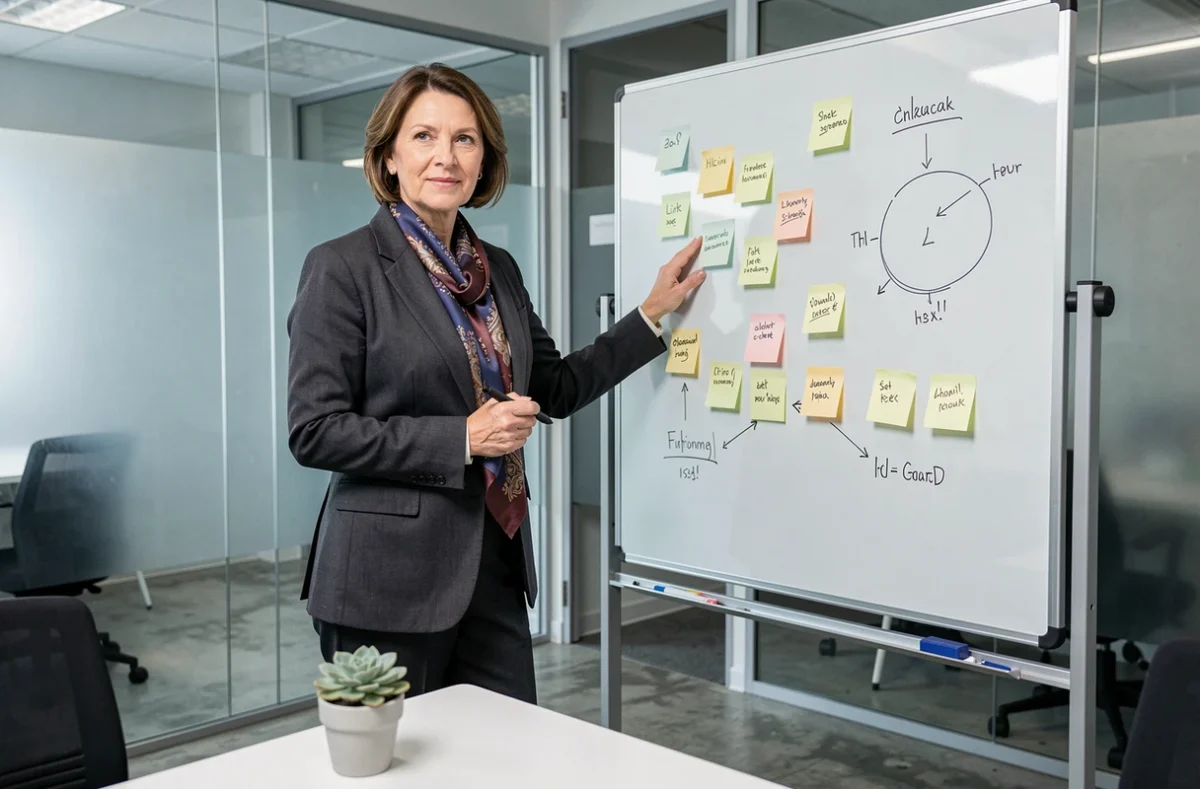 Femme dirigeante présentant une stratégie d'entreprise devant un tableau blanc dans une salle de réunion moderne