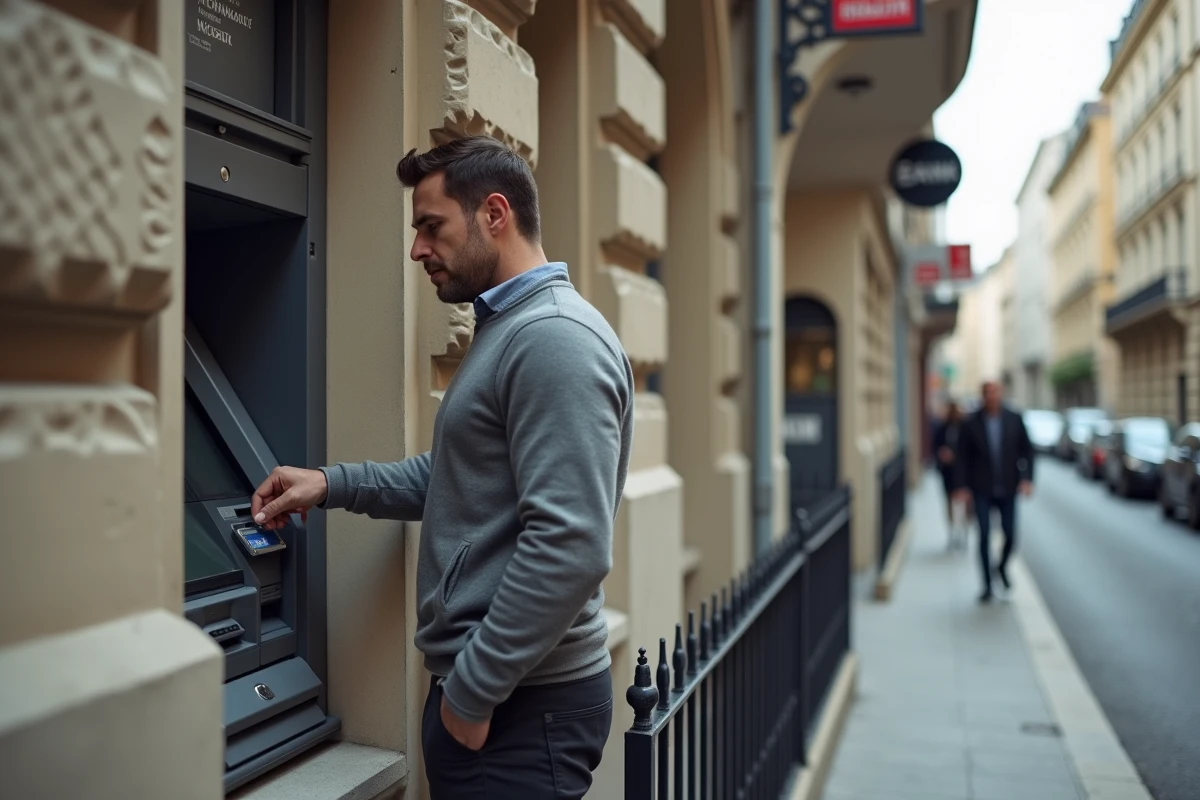 Homme utilisant un distributeur automatique de billets d'une banque française identifiée par le code banque 30003