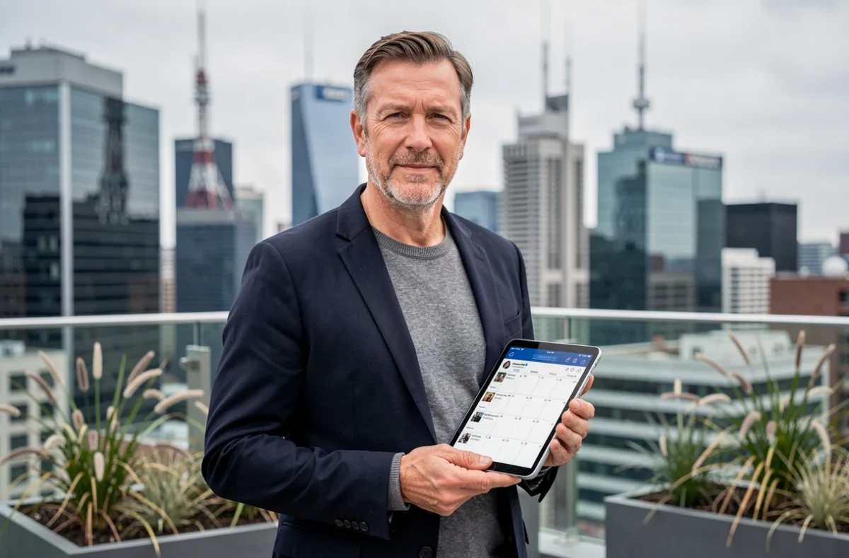 Entrepreneur en marketing digital consultant un calendrier de contenu sur une tablette depuis un rooftop urbain