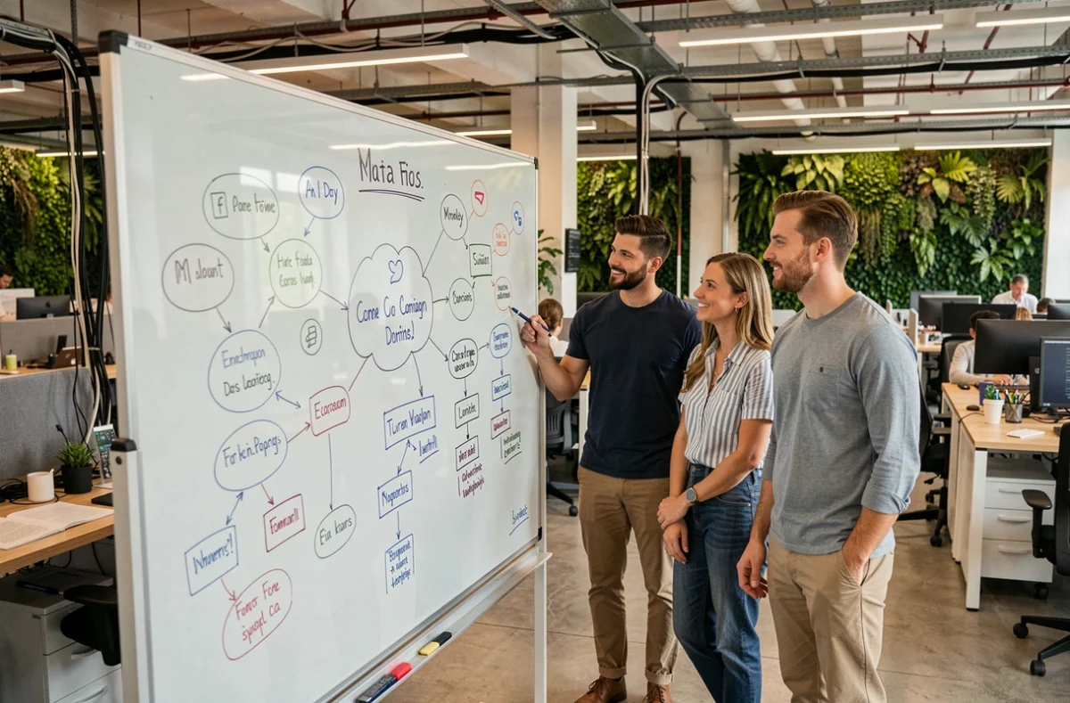 Équipe de professionnels collaborant sur une stratégie de marketing digital devant un tableau blanc en open space