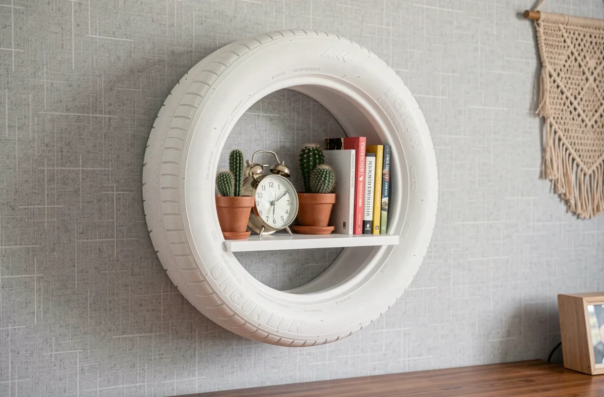 Étagère murale ronde fabriquée à partir d'un demi-pneu peint en blanc mat, fixée au mur et garnie de petits cactus, d'un réveil vintage et de livres de poche.
