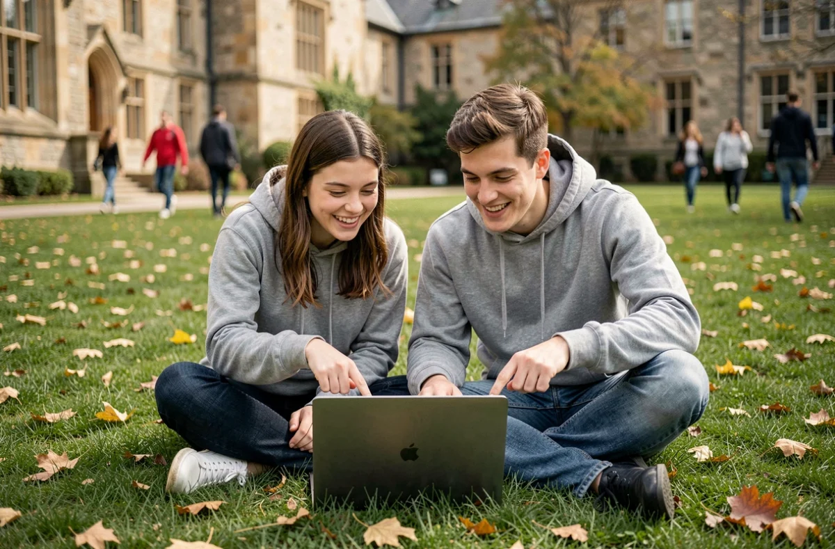 Deux étudiants apprenant l'anglais ensemble sur un ordinateur portable en plein air sur un campus universitaire