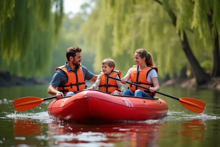 Famille de trois personnes pagayant dans un kayak gonflable rouge Sevylor Tahiti Plus sur une rivière calme entourée de végétation
