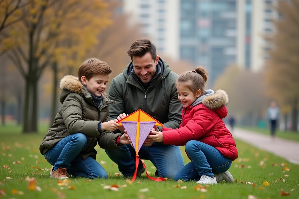 Famille avec cerf-volant dans un parc urbain en automne