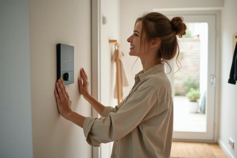 Femme utilisant un système de sécurité connecté FoyerLumina dans l'entrée de sa maison