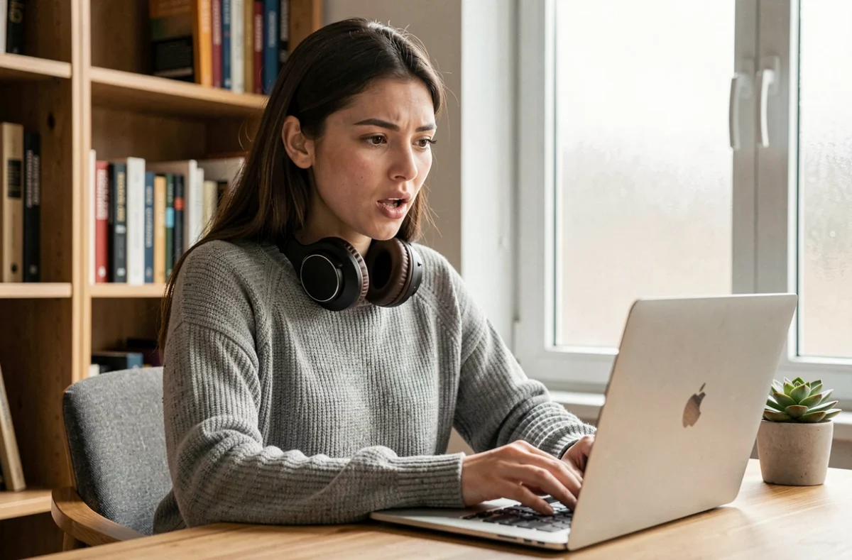 Jeune femme apprenant l'anglais en ligne sur son ordinateur portable dans un bureau à domicile chaleureux