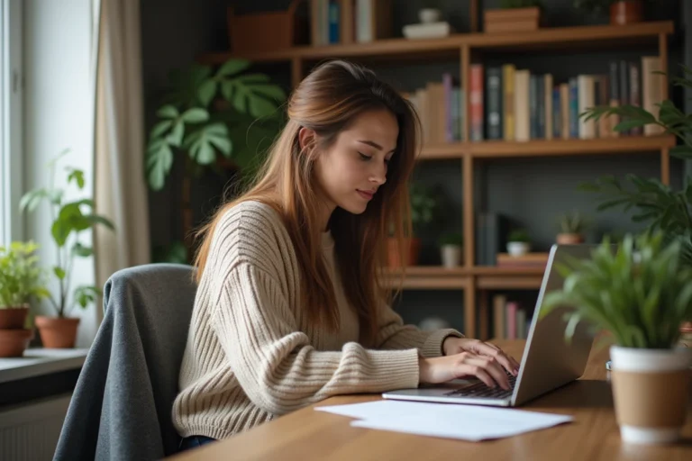 Jeune femme travaillant sur son ordinateur dans un bureau cosy