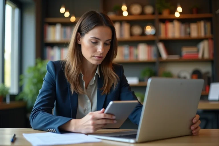 Femme en blazer regardant un article sur tablette dans un bureau moderne