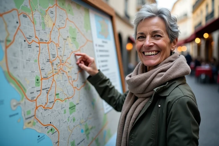 Femme pointant une carte de Toulouse en extérieur