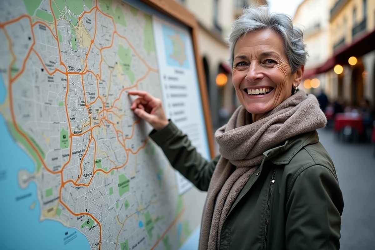 Femme pointant une carte de Toulouse en extérieur