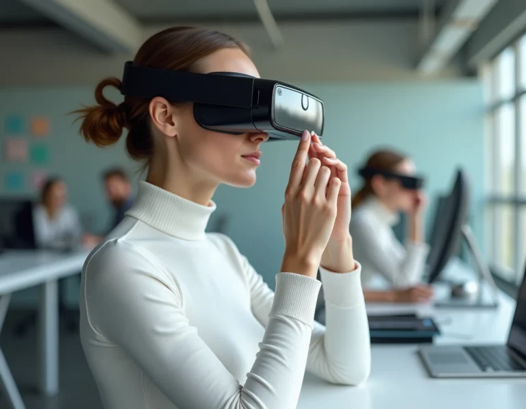Femme testant un casque de réalité augmentée dans un studio technologique moderne, incarnant les dernières innovations high-tech