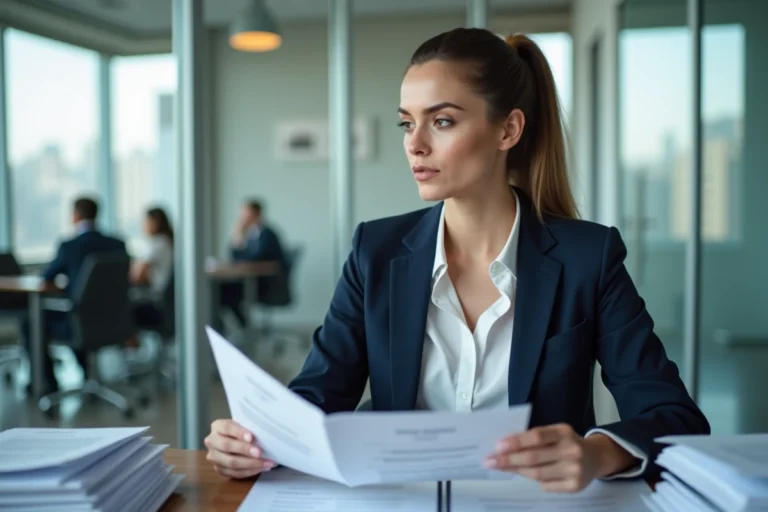 Femme confiante en bureau avec documents Zakmav 2025