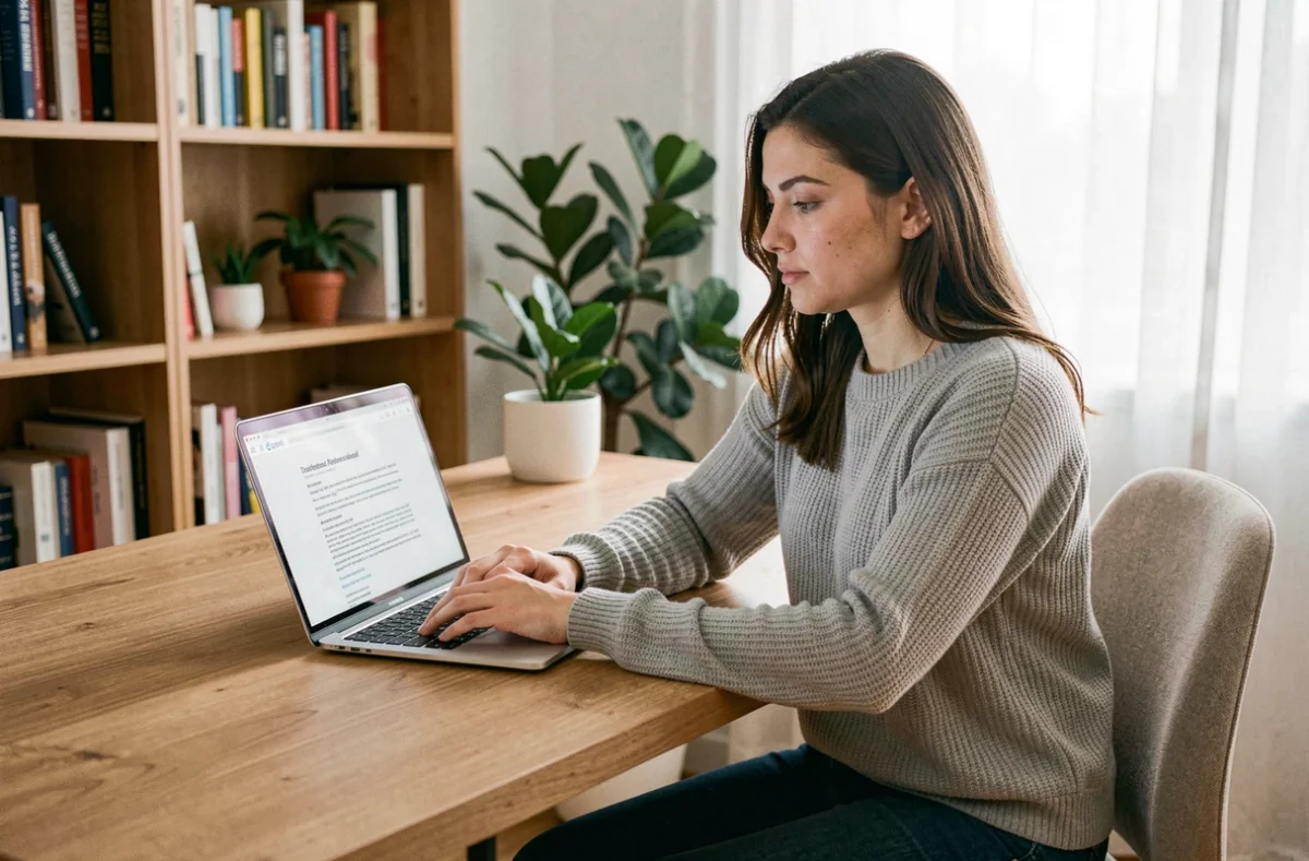 Jeune femme consultant un document juridique sur ordinateur portable dans un bureau à domicile, illustrant la question des droits légaux liés à la vente de contenus en ligne en France
