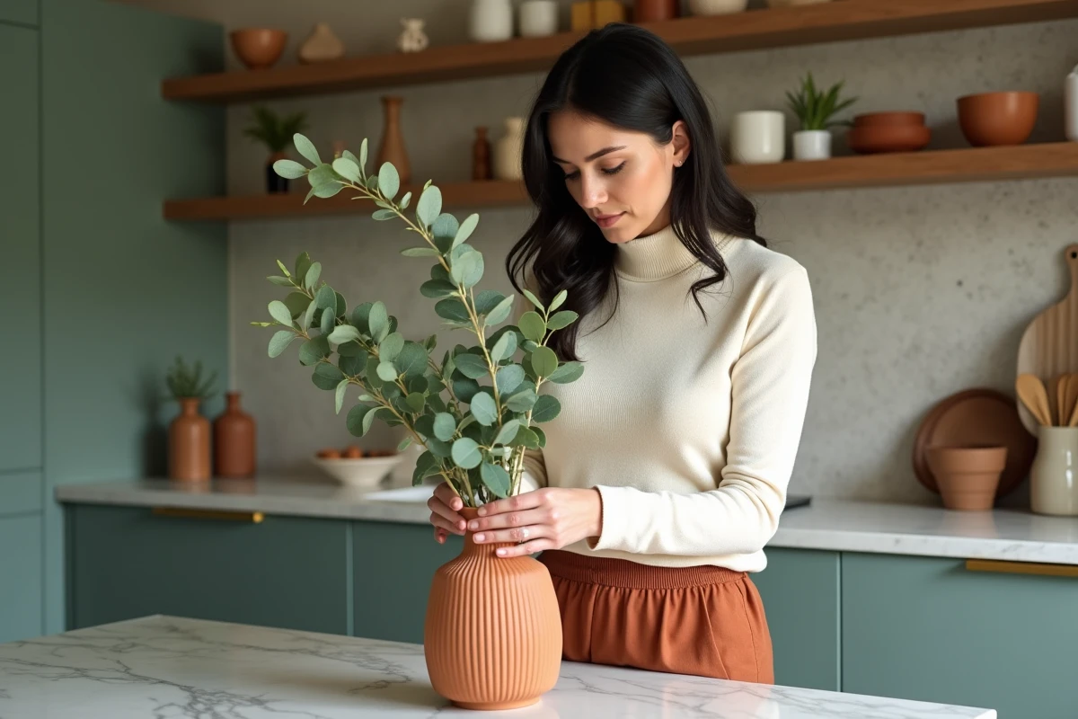 Femme arrangeant des tiges d'eucalyptus dans une cuisine moderne vert sauge avec îlot en marbre et détails en laiton