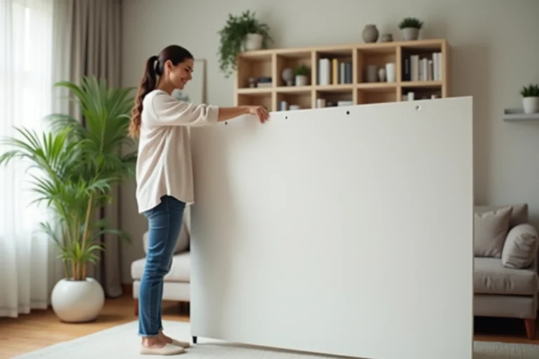 Femme posant une cloison moderne dans un salon cosy