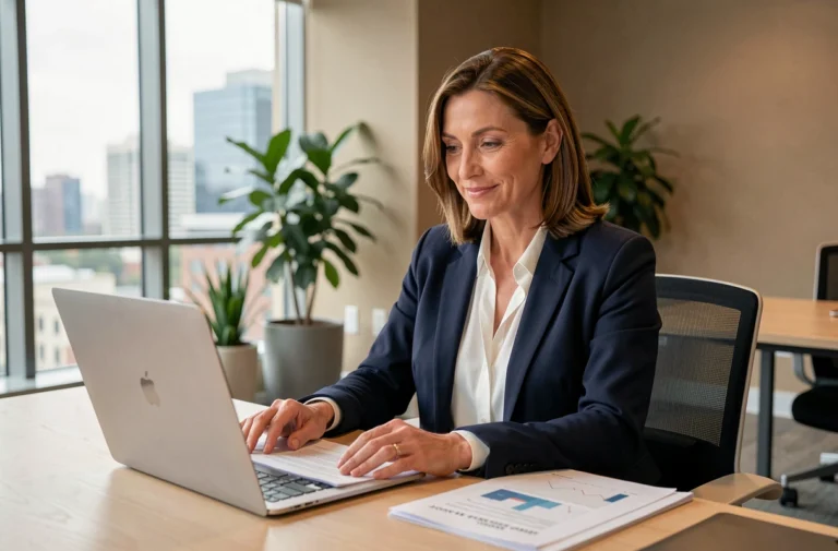 Femme entrepreneures en blazer marine travaillant sur des rapports dans un bureau moderne avec vue sur la ville