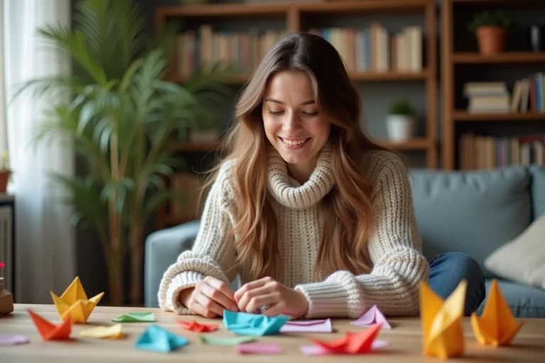 Jeune femme plie du papier origami dans un salon lumineux