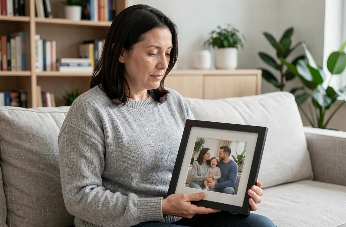 Femme tenant une photo de famille dans un salon moderne, symbolisant la vie privée et les liens familiaux