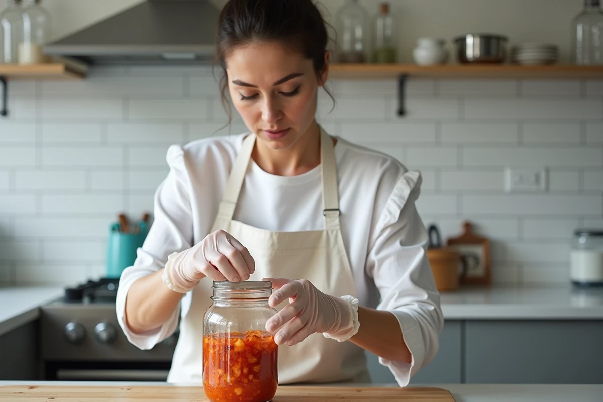 Femme préparant du kimchi avec des gants alimentaires et le pressant dans un bocal en verre dans une cuisine moderne, illustrant les bonnes pratiques de fermentation