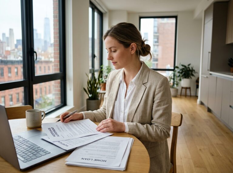 Jeune femme d'affaires examine des documents immobiliers